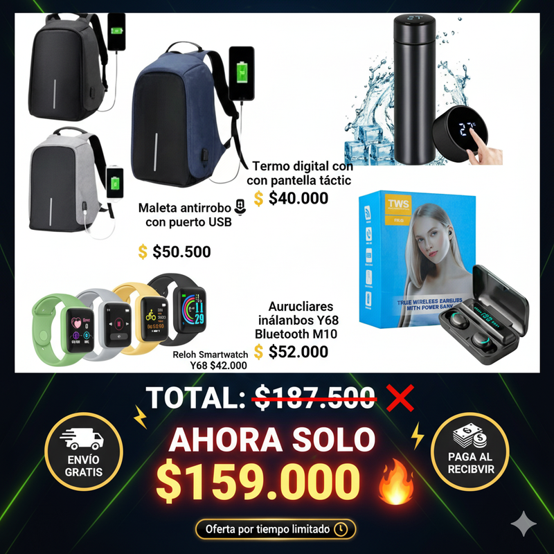 Auriculares M10 + Termo Digital + Smartwatch Y68 + Maleta Antirrobo
